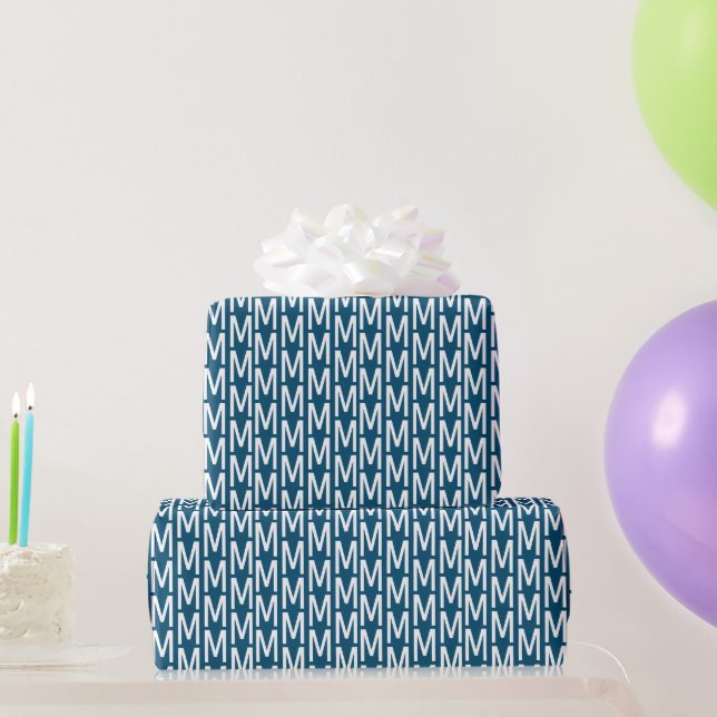 Papel De Presente Aniversário do monograma personalizado branco azul (Presentes para festas)