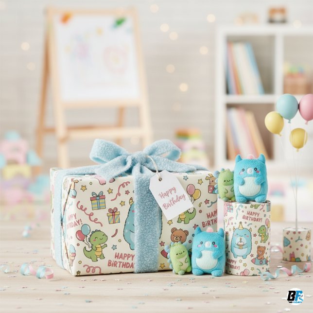 Papel De Presente Aniversário do Monstro Kawaii Pastel Fofo e Amigos (Criador carregado)