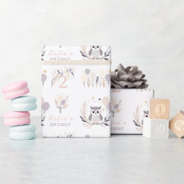 Papel De Presente Aniversário do Pastel Boho Owl e Balões