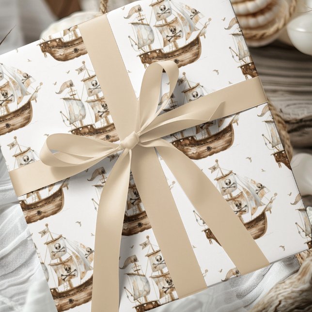 Papel De Presente Aniversário do Tema Náutico Marrom do Navio Pirata (Criador carregado)