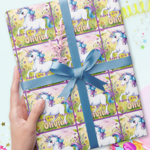Papel De Presente Aniversário do Unicórnio Personalizado do Pastel M