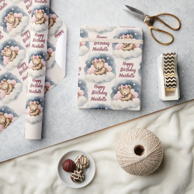 Papel De Presente Aniversário do Urso Celestial Personalizado (Artesanato)