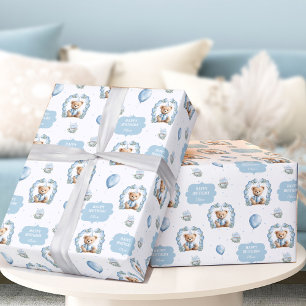 Papel De Presente Aniversário do Urso de Teddy Nome Papel Azul