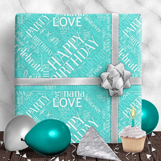 Papel De Presente Aniversário do Word Cloud Grandma Teal ID276 (Criador carregado)
