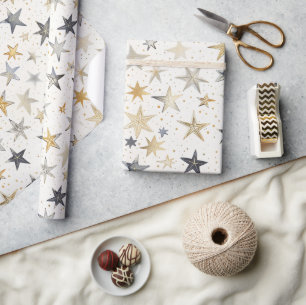 Papel De Presente Aniversário Estrelas Azuis Prata Dourado