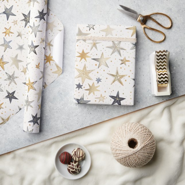 Papel De Presente Aniversário Estrelas Azuis Prata Dourado (Artesanato)