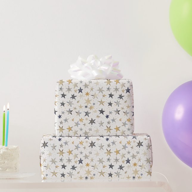Papel De Presente Aniversário Estrelas Douradas Azuis (Presentes para festas)