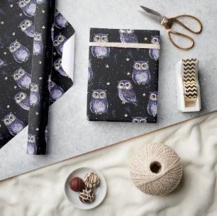 Papel De Presente Aniversário Estrelas Mágicas das Corujas Roxas