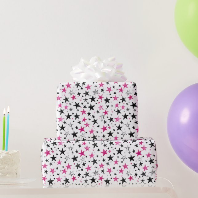 Papel De Presente Aniversário Estrelas Rosa Prata Preto (Presentes para festas)