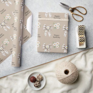 Papel De Presente Aniversário Flor de Margarida Laço Branco Cocoa Cr