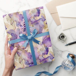 Papel De Presente Aniversário Floral Abstrato Dourado Branco Roxo