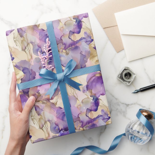 Papel De Presente Aniversário Floral Abstrato Dourado Branco Roxo (Presentear)