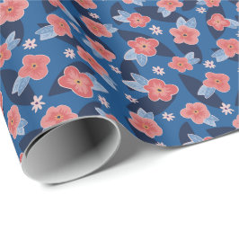 Papel De Presente Aniversário floral azul marinho pêssego