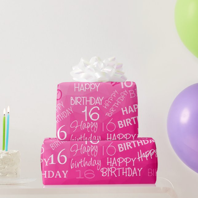 Papel De Presente Aniversário Geométrico em Malha, rosa quente, em q (Presentes para festas)