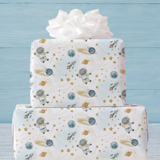 Papel De Presente Aniversário Infantil Astronauta Espaço Exterior  (Criador carregado)