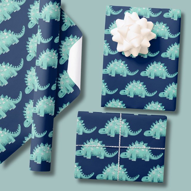 Papel De Presente Aniversário Infantil Dinossauro Estegossauro (Kids Dinosaur boys birthday wrapping paper with cute stegosaurus. )