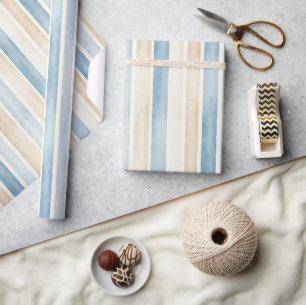 Papel De Presente Aniversário Listras Creme Azul Praia