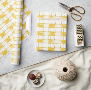 Papel De Presente Aniversário Listras Xadrez Branco Dourado Amarelo