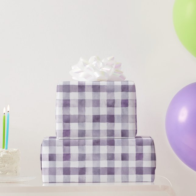 Papel De Presente Aniversário Listras Xadrez Branco Roxo (Presentes para festas)