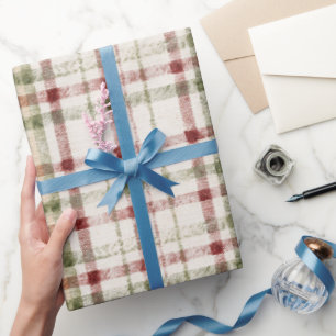 Papel De Presente Aniversário Listras Xadrez Verde Vermelho Creme