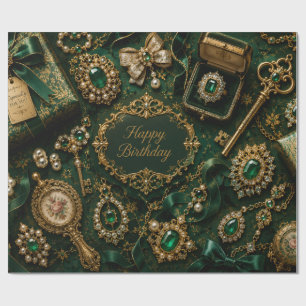 Papel De Presente Aniversário Luxuoso Esmeralda Vintage