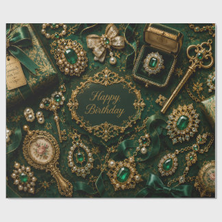 Papel De Presente Aniversário Luxuoso Esmeralda Vintage
