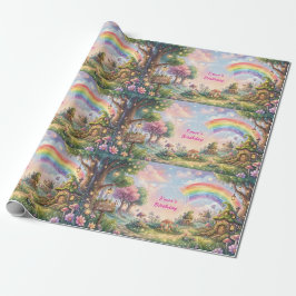 Papel De Presente Aniversário Mágico do País das Fadas Arco-íris