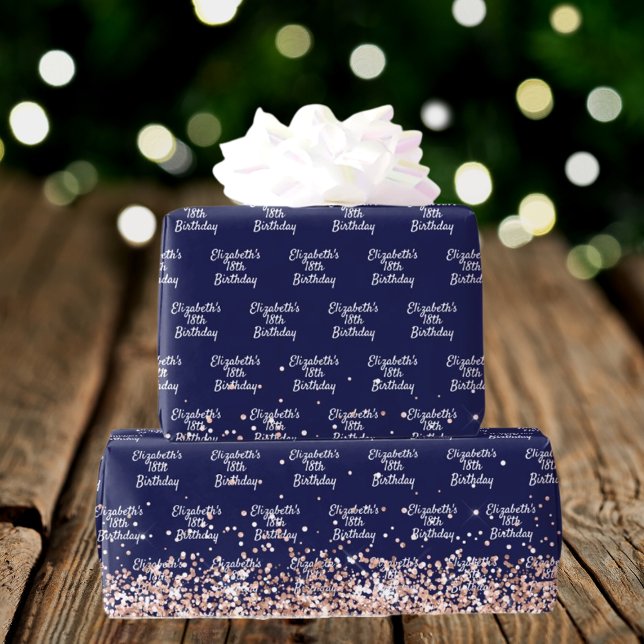 Papel De Presente Aniversário marinho azul rosa dourado nome elegant (Criador carregado)