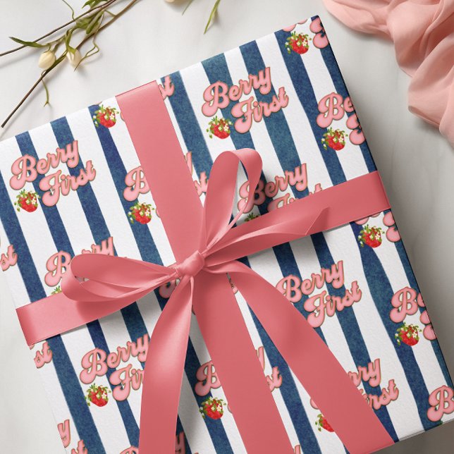 Papel De Presente Aniversário Morango Listras Brancas Azul Marinho (Criador carregado)
