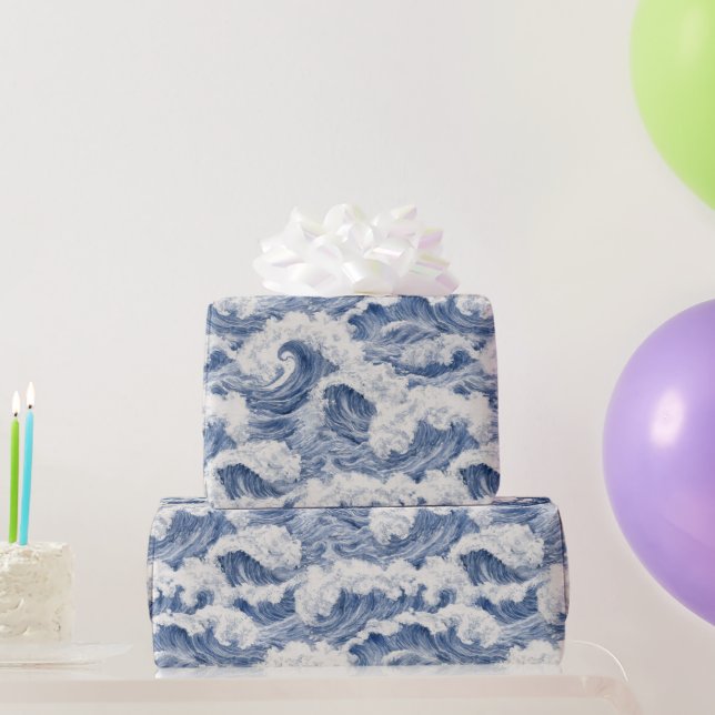 Papel De Presente Aniversário Ondas Azuis Brancas do Oceano (Presentes para festas)