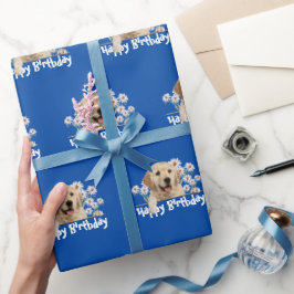 Papel De Presente Aniversário Ouro Retriever em Azul