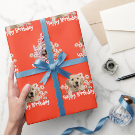 Papel De Presente Aniversário Ouro Retriever em Laranja