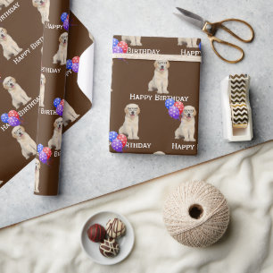 Papel De Presente Aniversário Ouro Retriever Puppy Com Balões