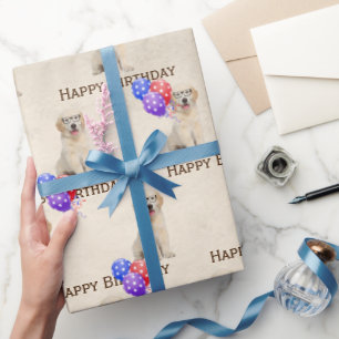 Papel De Presente Aniversário Ouro Retriever Puppy Com Balões