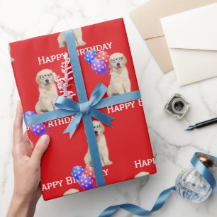 Papel De Presente Aniversário Ouro Retriever Puppy Com Balões