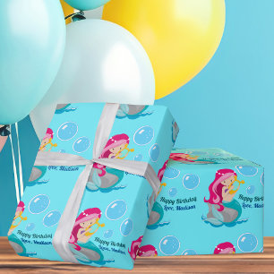 Papel De Presente Aniversário Personalizado Da Menina De Sereia