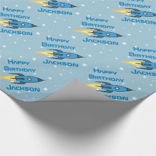 Papel De Presente Aniversário Personalizado do Navio de Foguete Azu