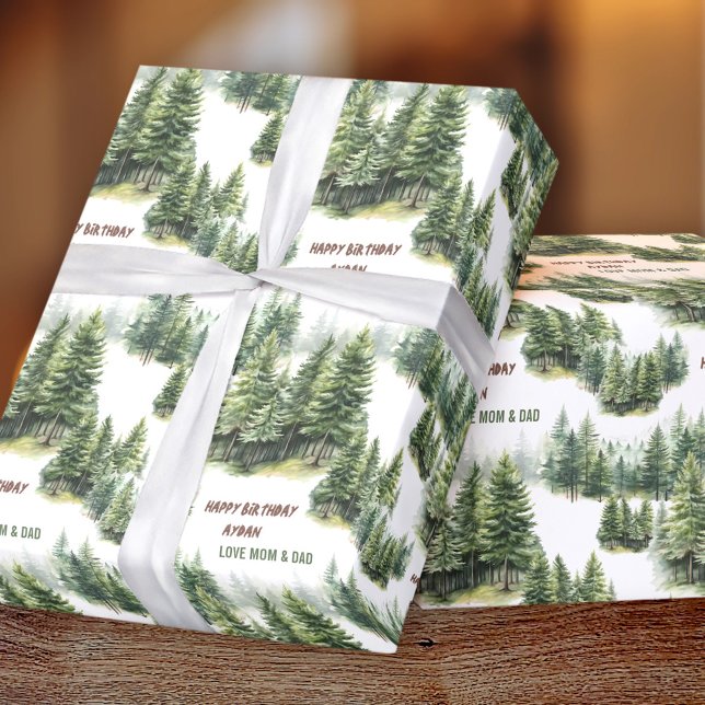 Papel De Presente Aniversário Pine Tree Forest Nome Verde (Birthday Pine Tree Forest Green Name Wrapping Paper)
