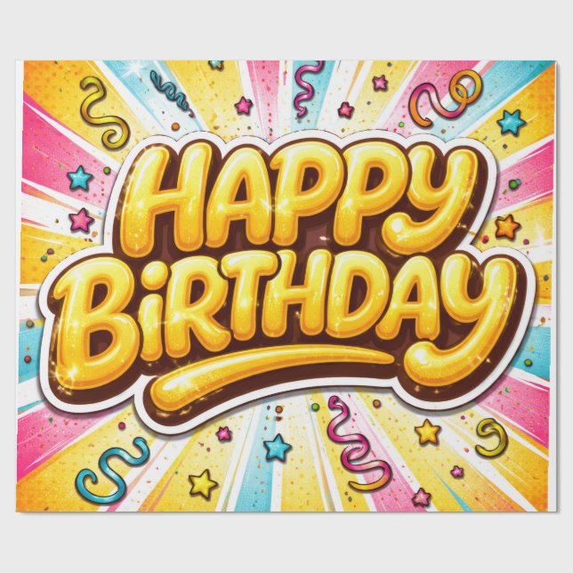 Papel De Presente Aniversário Pop — Celebração com Letras Balão🎉 (Aberto)