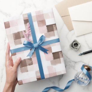 Papel De Presente Aniversário Quadrados Rosa Creme Marrom