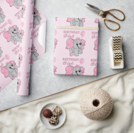 Papel De Presente Aniversário Rapariga Rosa Elefante Bebê