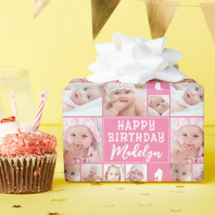 Papel De Presente Aniversário Rosa 8 Colagem de Fotos Nome Idade