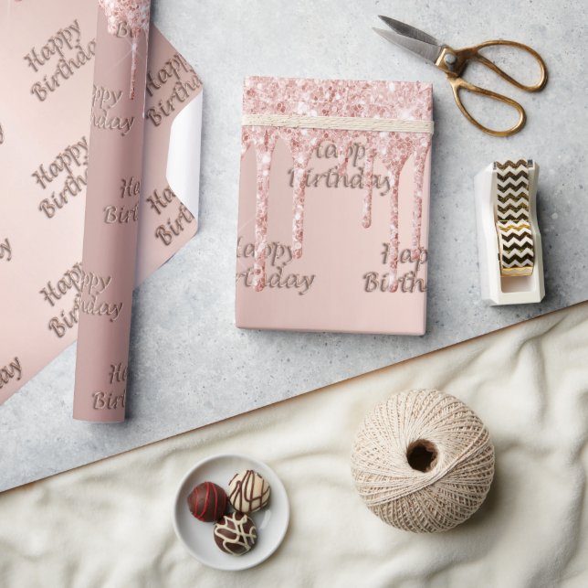 Papel De Presente Aniversário rosa dourado pinga rosa (Artesanato)