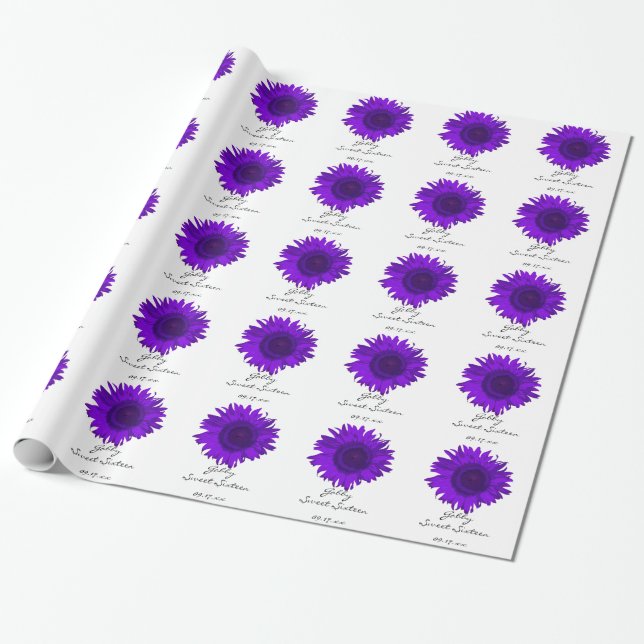 Papel De Presente Aniversário roxo do doce 16 dos girassóis (Desenrolado)