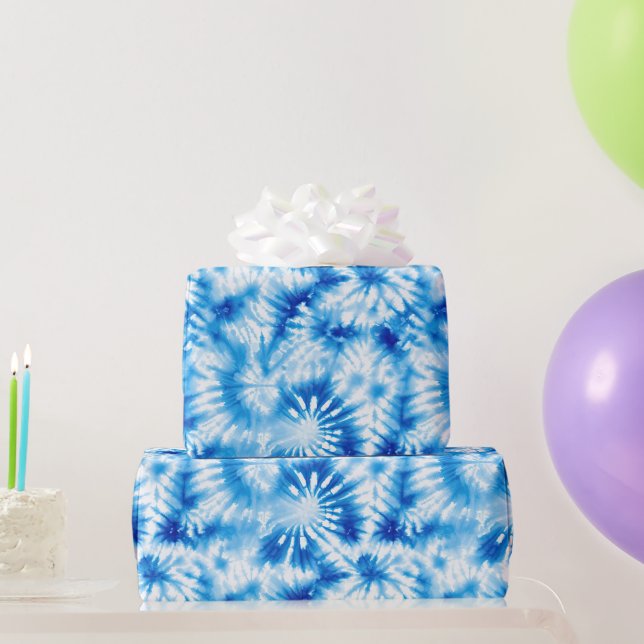 Papel De Presente Aniversário Tie Dye Azul Branco (Presentes para festas)