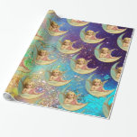 PAPEL DE PRESENTE ANJO DA LUA EM SPARKLES DOURADOS COR-DE-ROSA,<br><div class="desc">De cabelo louro bonito lunático,  azul eyed o anjo romântico que pendura na lua crescente em sparkles florais do ouro,  turquase,  azul do aqua,  cerceta,  cores roxas com pintura dos meios mistos da folha dourada e de prata. É igualmente uma bonita para o Natal,  ocasiões especiais,  aniversários e casamento.</div>
