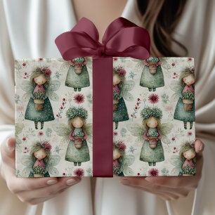 Papel De Presente Anjo de Natal Caprichoso e Floral Vintage 