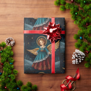 Papel De Presente Anjo de Natal Elegante Vintage Noite Estrelada