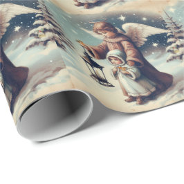 Papel De Presente Anjo de Natal Vintage, Criança e Pássaros