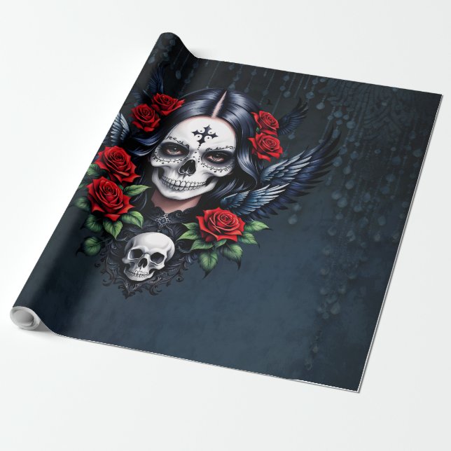 Papel De Presente Anjo do Crânio de Açúcar com Rosas. (Desenrolado)